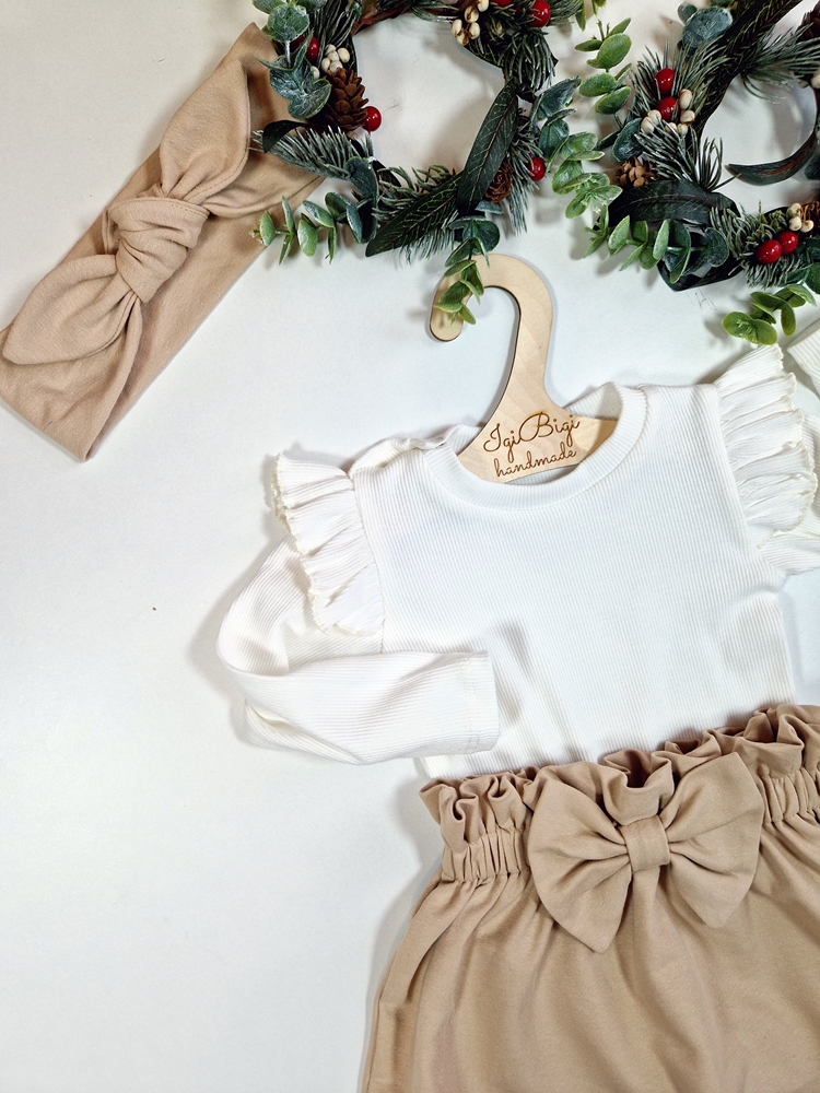 KOMPLET SPÓDNICZKA kokardka BEŻOWA+ BODY/BLUZECZKA