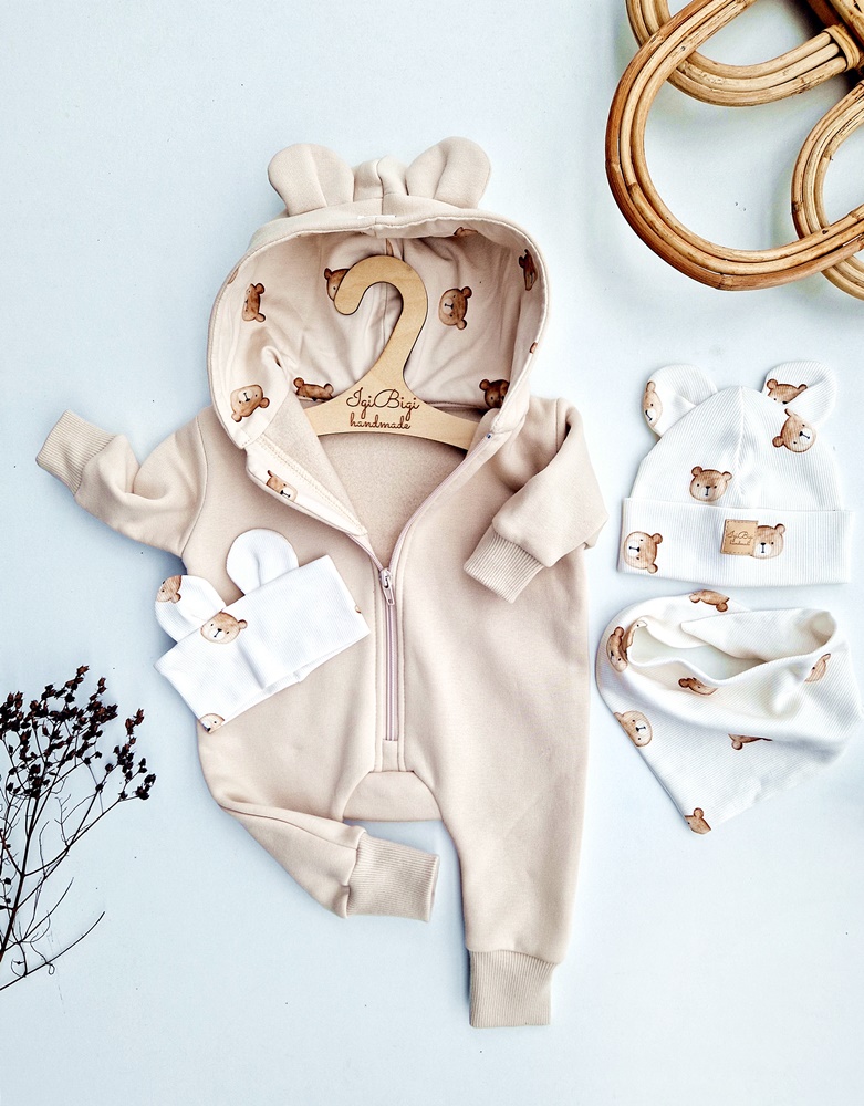 KOMBINEZON dresówka drapana JASNY BEŻ misiaki