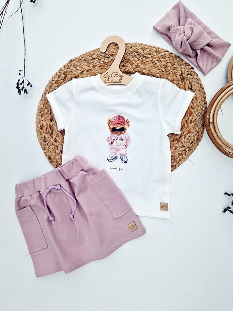 T-SHIRT misia + spódniczka róż KIESZONKI