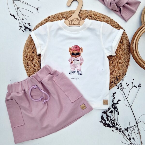 T-SHIRT misia + spódniczka róż KIESZONKI