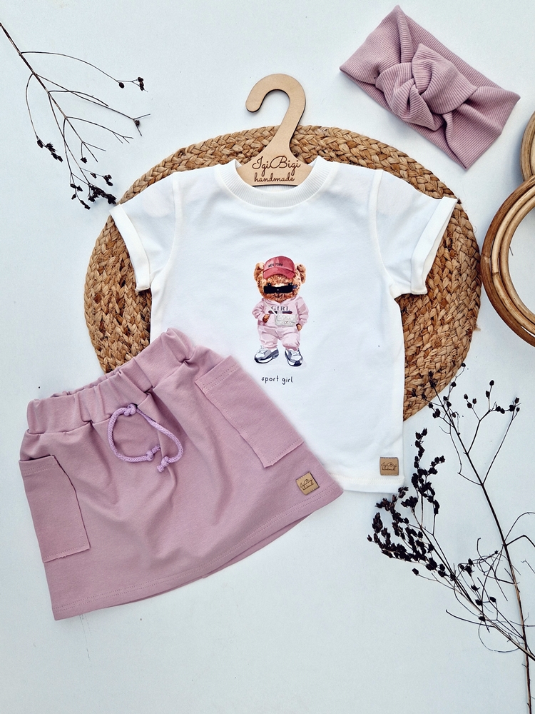 T-SHIRT misia + spódniczka róż KIESZONKI