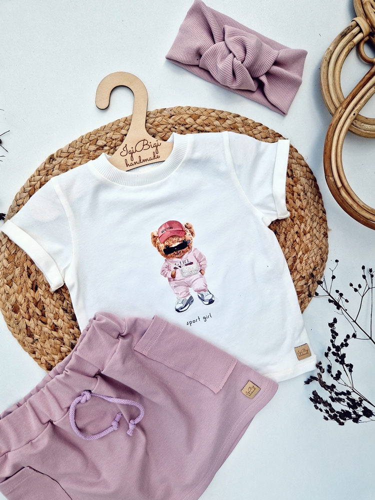 T-SHIRT misia + spódniczka róż KIESZONKI