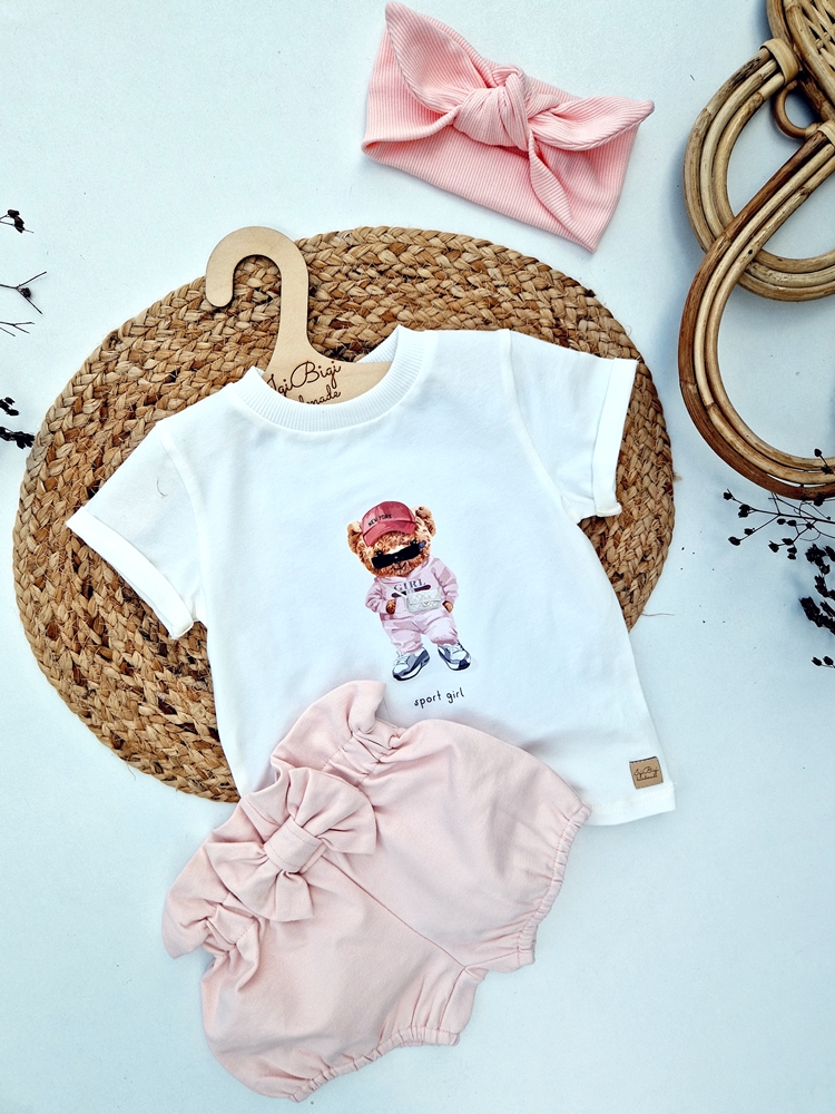 T-SHIRT misia + bloomersy kokardka róż