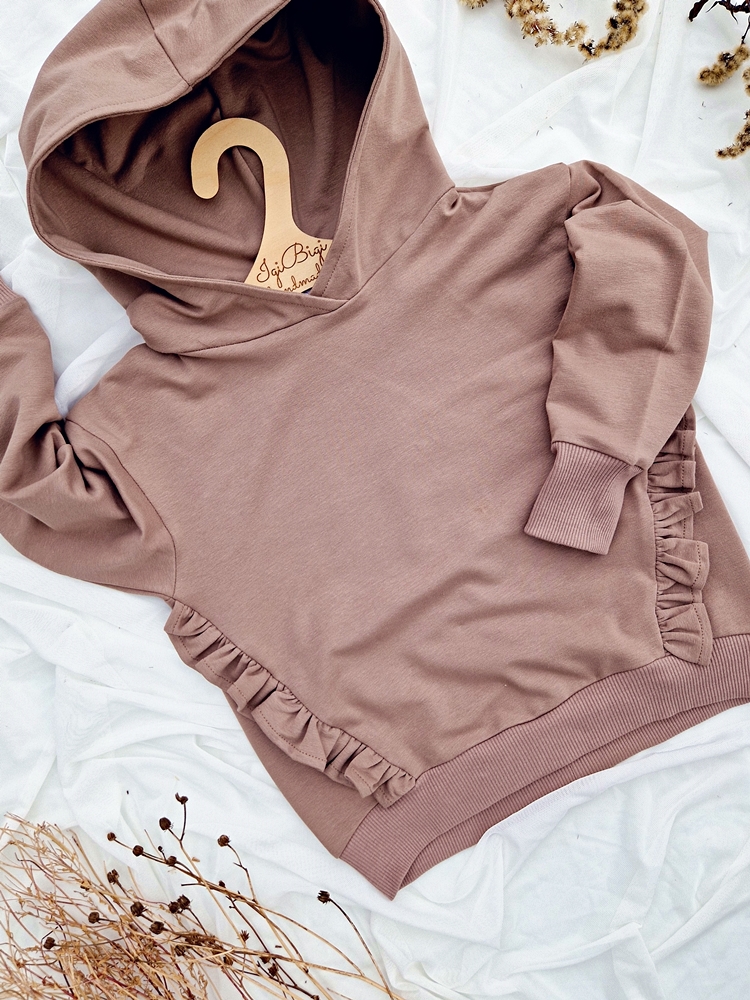 BLUZA BASIC falbanki FLORI z kapturkiem ORZECH