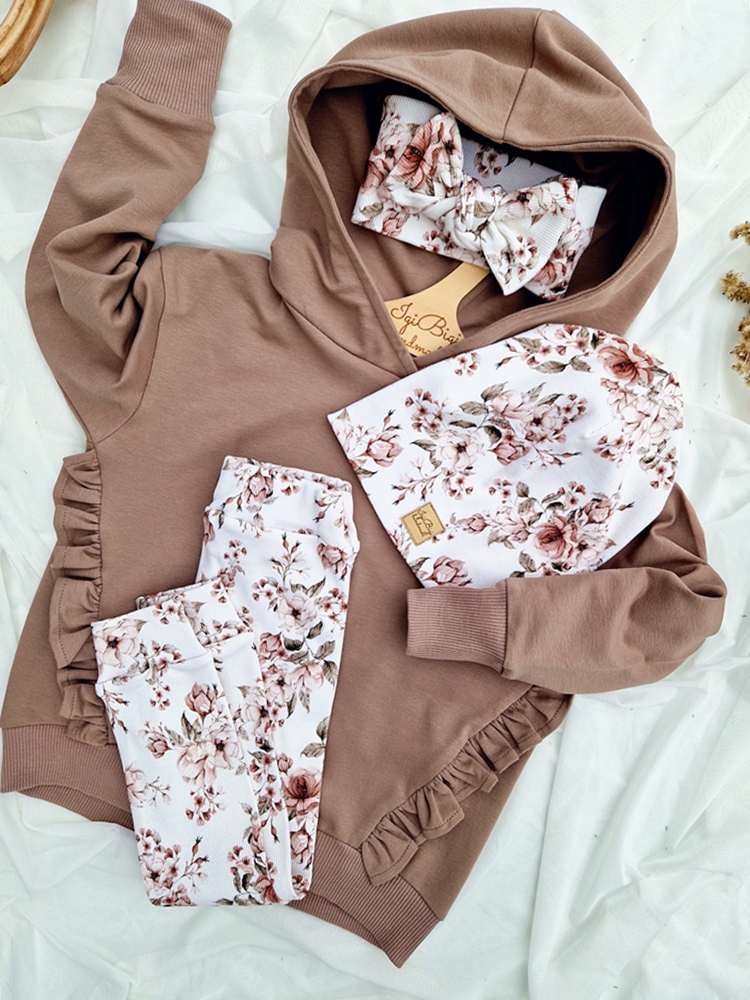 BLUZA BASIC falbanki FLORI z kapturkiem ORZECH