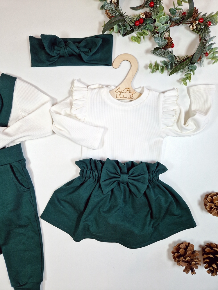 KOMPLET SPÓDNICZKA kokardka ZIELEŃ+ BODY/BLUZECZKA