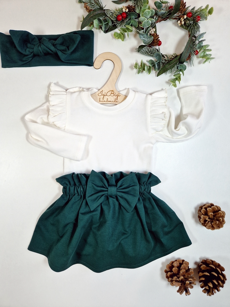 KOMPLET SPÓDNICZKA kokardka ZIELEŃ+ BODY/BLUZECZKA