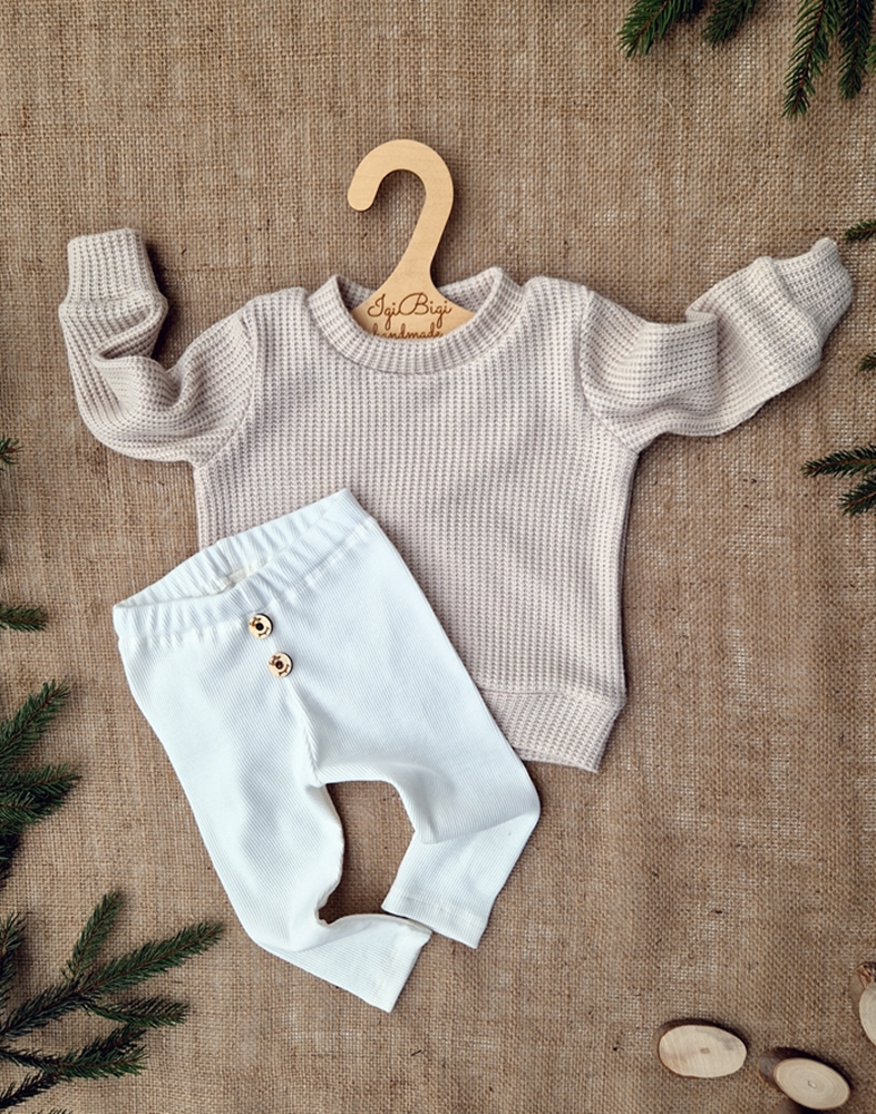 LEGGINSY PRĄŻKOWANE guziczki BEŻ/ŚMIETANKA/ORZECH