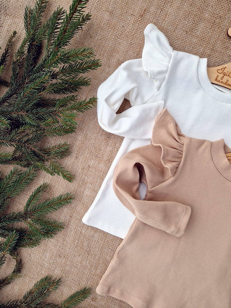 Body/ BLUZKA long prążkowana FALBANKA motylek BEŻ/ŚMIETANKA