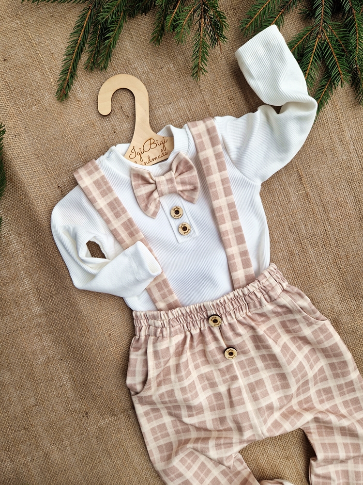 BODY/LONG chłopięcy prążkowany z muszką i guzikami KRATKA 2KOLORY