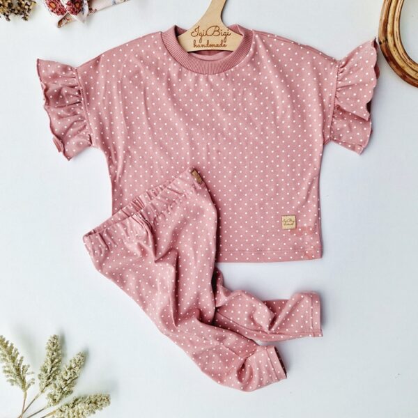BLUZECZKA oversize falbanka + legginsy DOTS brudny róż