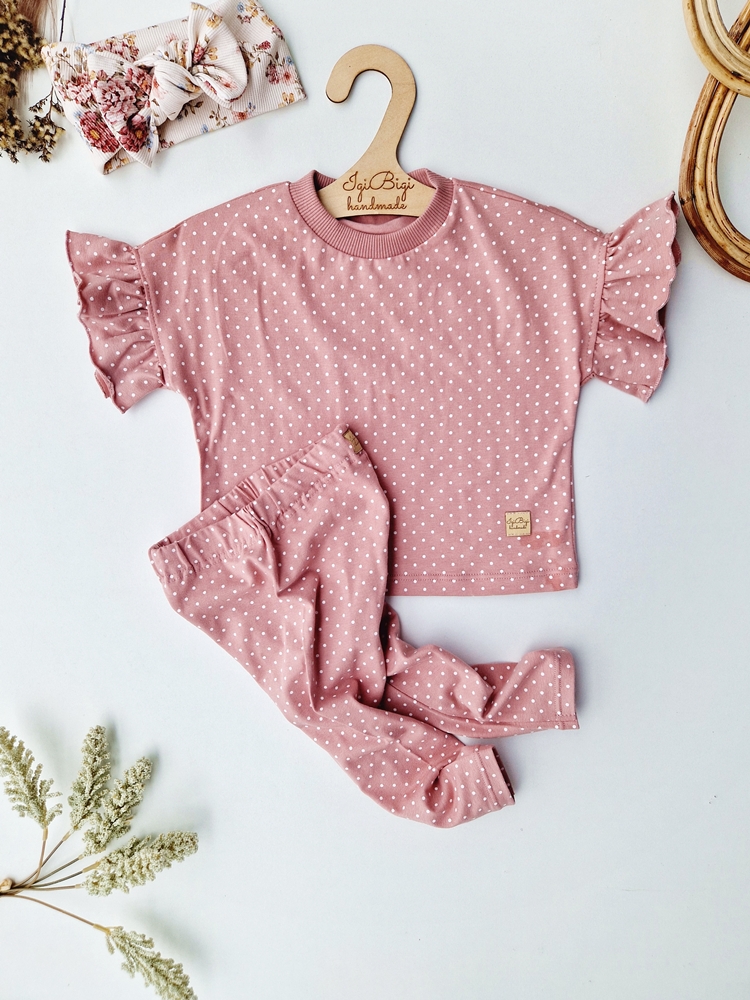 BLUZECZKA oversize falbanka + legginsy DOTS brudny róż