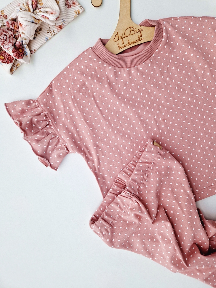 BLUZECZKA oversize falbanka + legginsy DOTS brudny róż