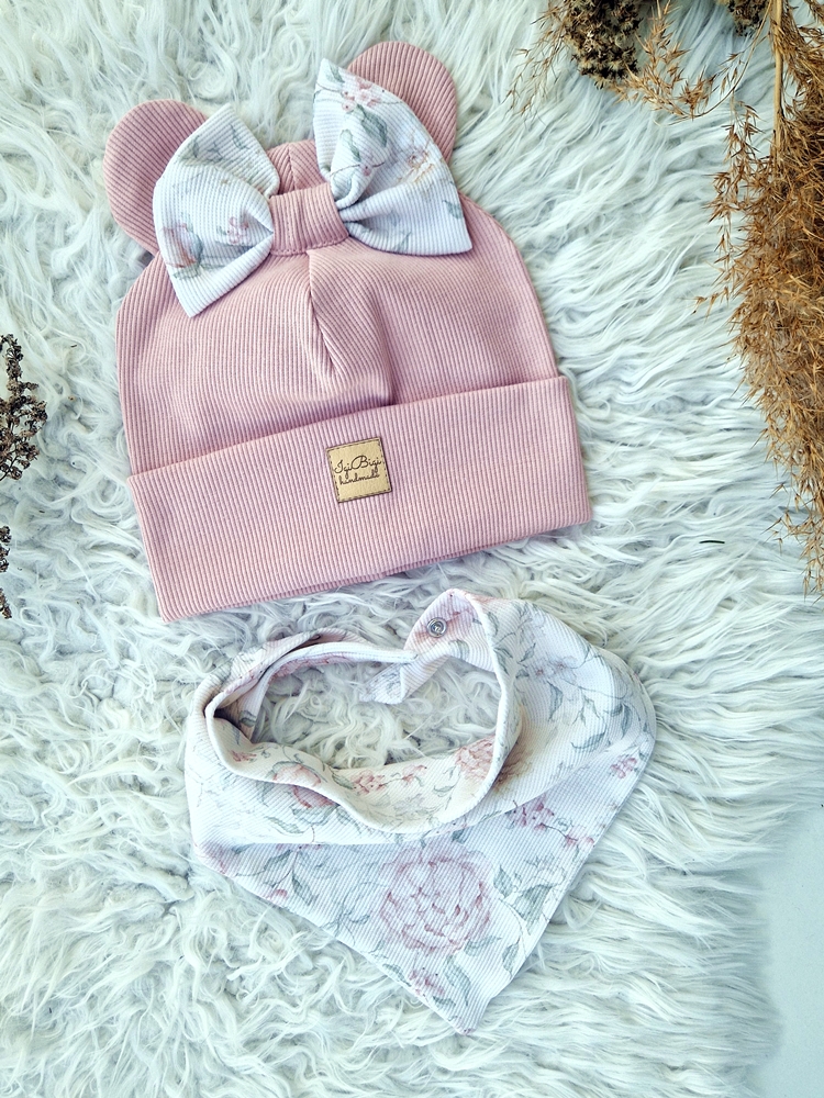 Czapka prążkowana BEŻOWY RÓŻ +romantic FLOWERS fasony