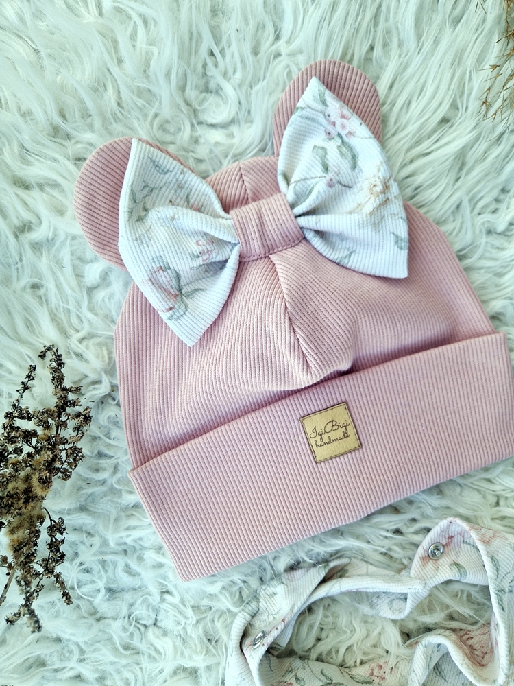 Czapka prążkowana BEŻOWY RÓŻ +romantic FLOWERS fasony