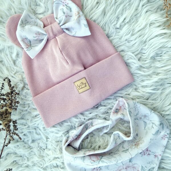 Czapka prążkowana BEŻOWY RÓŻ +romantic FLOWERS fasony