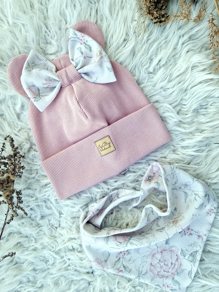 Czapka prążkowana BEŻOWY RÓŻ +romantic FLOWERS fasony