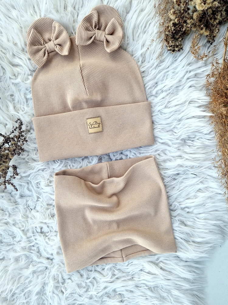 Czapka prążkowana USZATKA double bows KOLORY