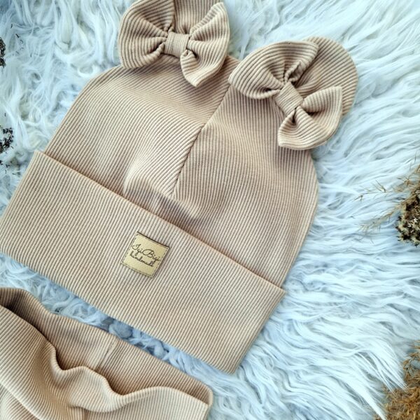 Czapka prążkowana USZATKA double bows KOLORY