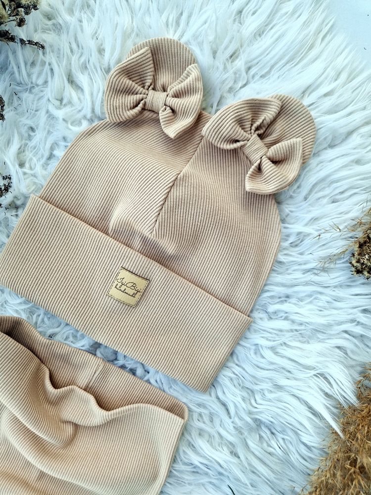 Czapka prążkowana USZATKA double bows KOLORY