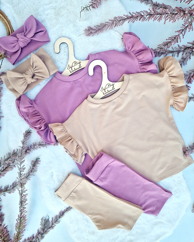KOMPLECIK bluzeczka oversize+ kolarki JERSEY BEŻ/ORCHID