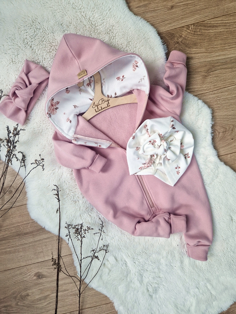 KOMBINEZON dresówka drapana BRUDNY RÓŻ peonies