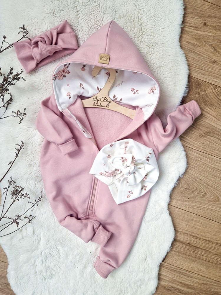 KOMBINEZON dresówka drapana BRUDNY RÓŻ peonies